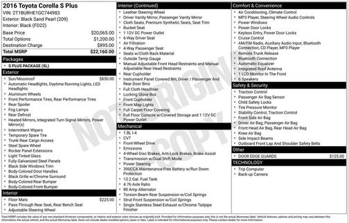 Black Sand Pearl 2016 Toyota Corolla S Plus