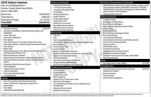 Crystal White Pearl 2025 Subaru Impreza Base