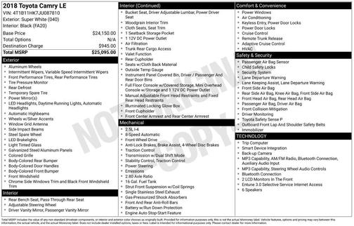 Super White 2018 Toyota Camry LE