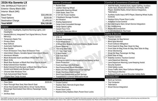 Ebony Black 2026 Kia Sorento LX