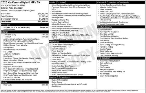 Astra Blue 2026 Kia Carnival Hybrid SX