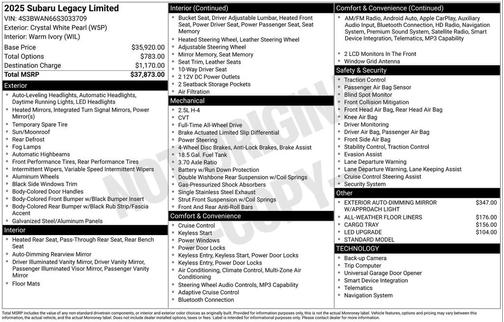 Crystal White Pearl 2025 Subaru Legacy Limited