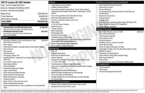 Red Metallic 2015 Lexus IS 250 250