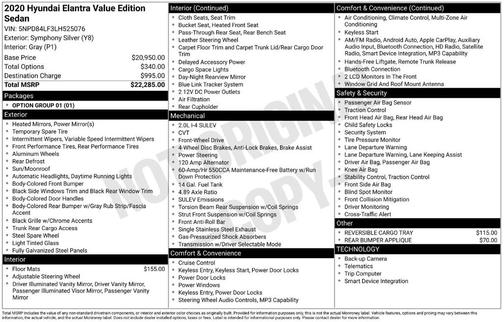 Symphony Silver 2020 Hyundai ELANTRA Value Edition