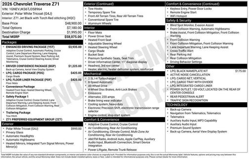 Polar White Tricoat 2026 Chevrolet Traverse AWD Z71