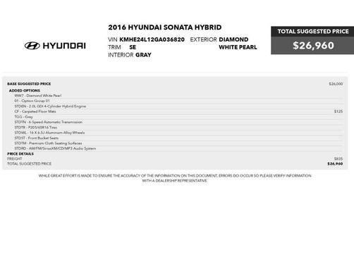 Diamond White Pearl 2016 Hyundai SONATA Hybrid SE