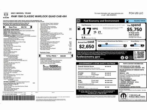 2021 RAM 1500 Classic Warlock Quad Cab 4x4 6'4' Box