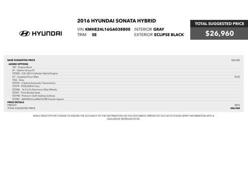 Eclipse Black 2016 Hyundai SONATA Hybrid SE