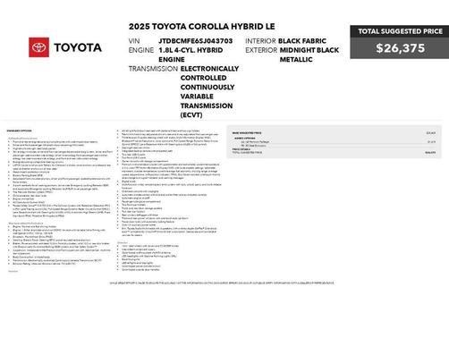 Midnight Black Metallic 2025 Toyota Corolla Hybrid LE