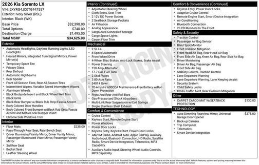 Ivory Silver 2026 Kia Sorento LX