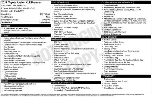 Celestial Silver Metallic 2018 Toyota Avalon XLE Premium