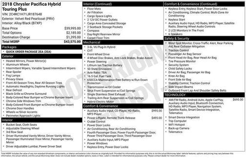 2018 Chrysler Pacifica Hybrid Touring Plus