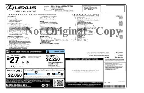 Gray Pearl 2023 Lexus RX 500h F SPORT Performance