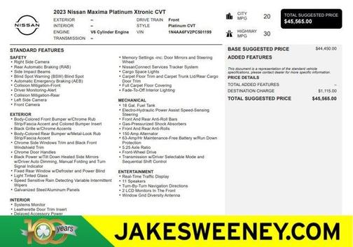 White 2023 Nissan Maxima Platinum