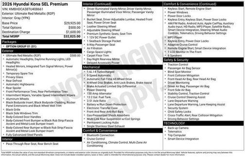 Red Metallic 2026 Hyundai KONA SEL Premium