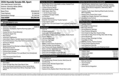 White 2026 Hyundai SONATA SEL Sport