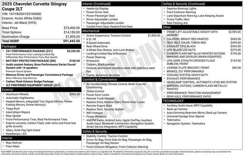 Arctic White 2025 Chevrolet Corvette Stingray w/2LT