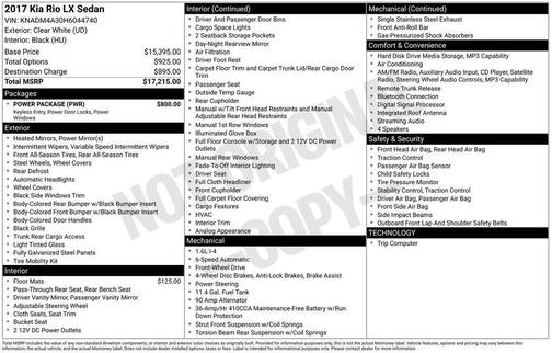 Clear White 2017 Kia Rio LX