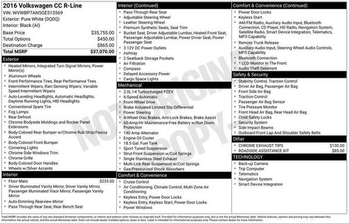 Pure White 2016 Volkswagen CC 2.0T R-Line