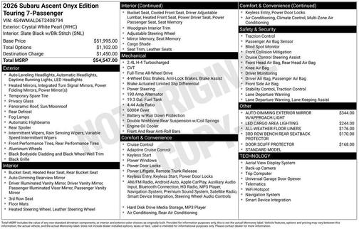 Crystal White Pearl 2026 Subaru Ascent Onyx Edition Touring