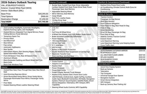 Crystal White Pearl 2026 Subaru Outback Touring