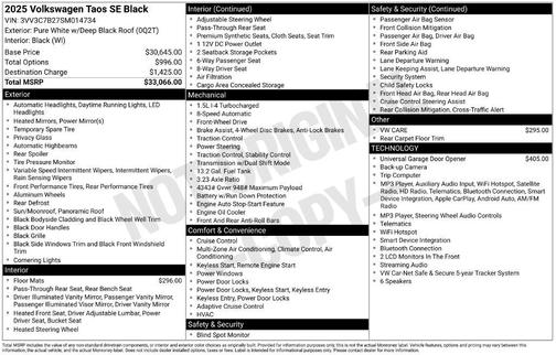Pure White 2025 Volkswagen Taos 1.5T SE Black
