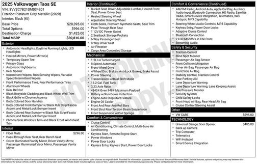 Platinum Gray Metallic 2025 Volkswagen Taos 1.5T SE