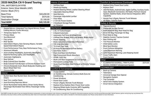 Sonic Silver Metallic 2020 Mazda CX-9 Grand Touring