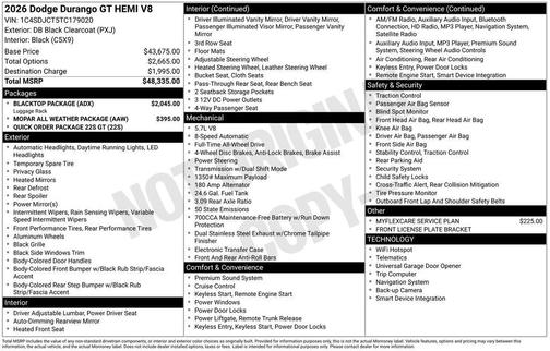DB Black Crystal Clearcoat 2026 Dodge Durango GT HEMI V8