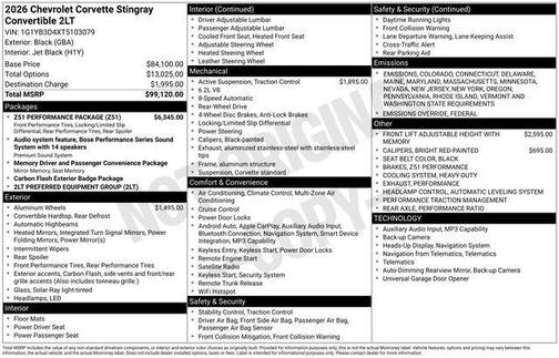 2026 Chevrolet Corvette Stingray w/2LT