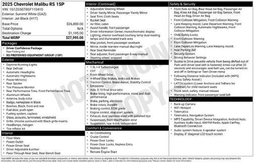 Summit White 2025 Chevrolet Malibu FWD RS