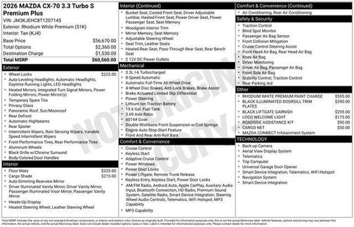 Rhodium White Premium 2026 Mazda CX-70 3.3 Turbo S Premium Plus Package