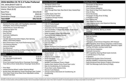 Soul Red Crystal Metallic 2026 Mazda CX-70 3.3 TURBO PREFERRED