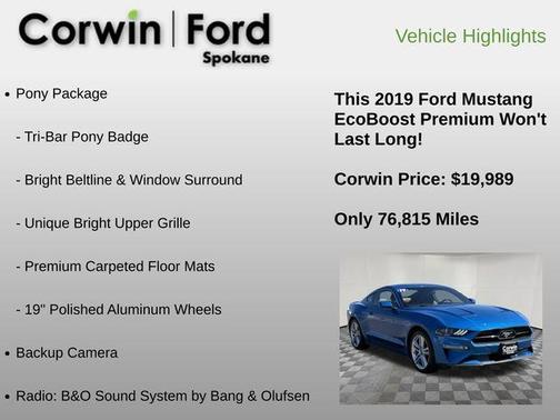 Velocity Blue Metallic 2019 Ford Mustang EcoBoost Premium