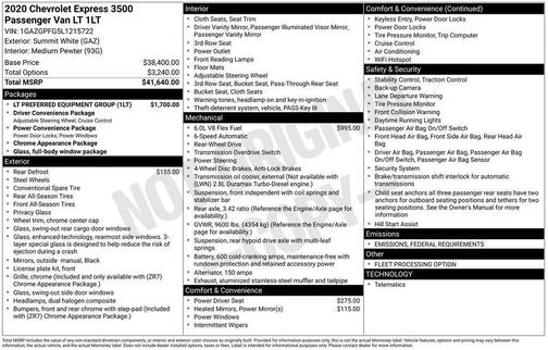 2020 Chevrolet Express 3500 RWD 3500 Extended Wheelbase LT