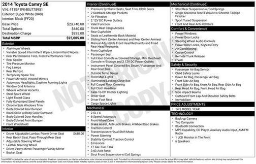 Super White 2014 Toyota Camry SE