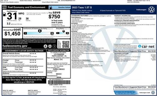 Platinum Gray Metallic 2023 Volkswagen Taos 1.5T S