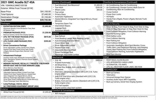 White Frost Tricoat 2021 GMC Acadia AWD SLT