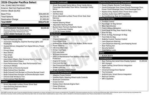 Red 2026 Chrysler Pacifica Select