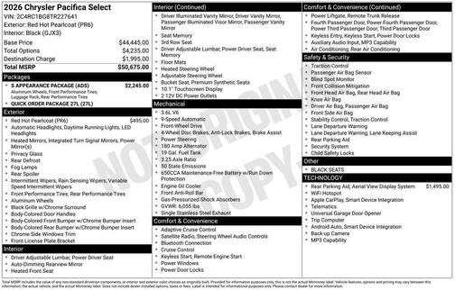 Red 2026 Chrysler Pacifica Select