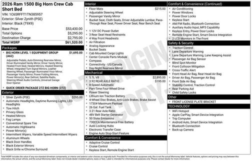 Silver Zynith 2026 RAM 1500 Big Horn/Lone Star