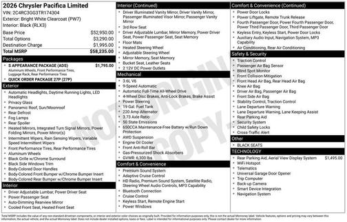 Bright White Clearcoat 2026 Chrysler Pacifica Limited