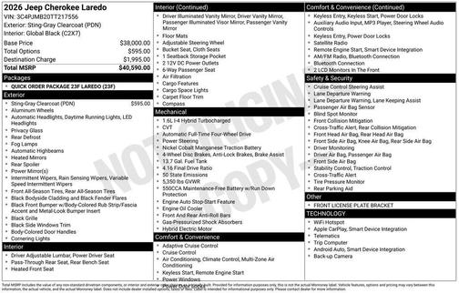Sting Gray Clearcoat 2026 Jeep Cherokee LAREDO/LIMITED