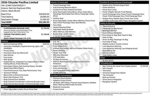 Red 2026 Chrysler Pacifica Limited