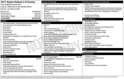 Wilderness Green Metallic 2017 Subaru Outback 2.5i Touring