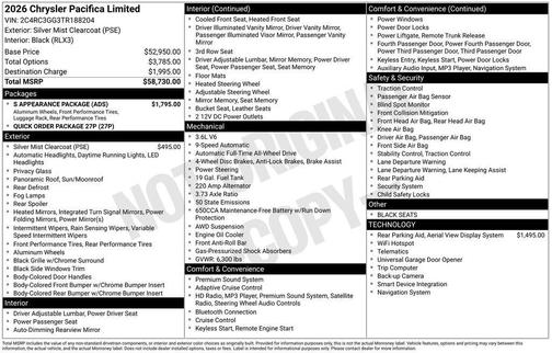 Silver Mist Clearcoat 2026 Chrysler Pacifica Limited