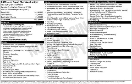 Bright White Clearcoat 2025 Jeep Grand Cherokee Limited