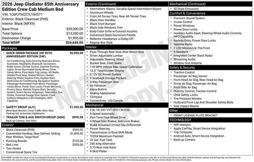 Black Clearcoat 2026 Jeep Gladiator 85th Anniversary Edition