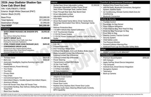 Bright White Clearcoat 2026 Jeep Gladiator Shadow Ops
