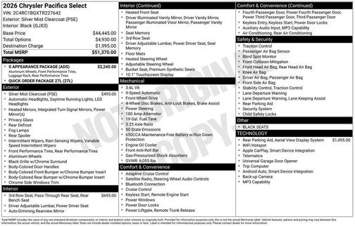 Silver Mist Clearcoat 2026 Chrysler Pacifica Select